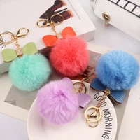 modern minimalist pompom keychain fluffy faux rabbit fur ball women handbag pendants car key ring crystal bow key chains jewelry