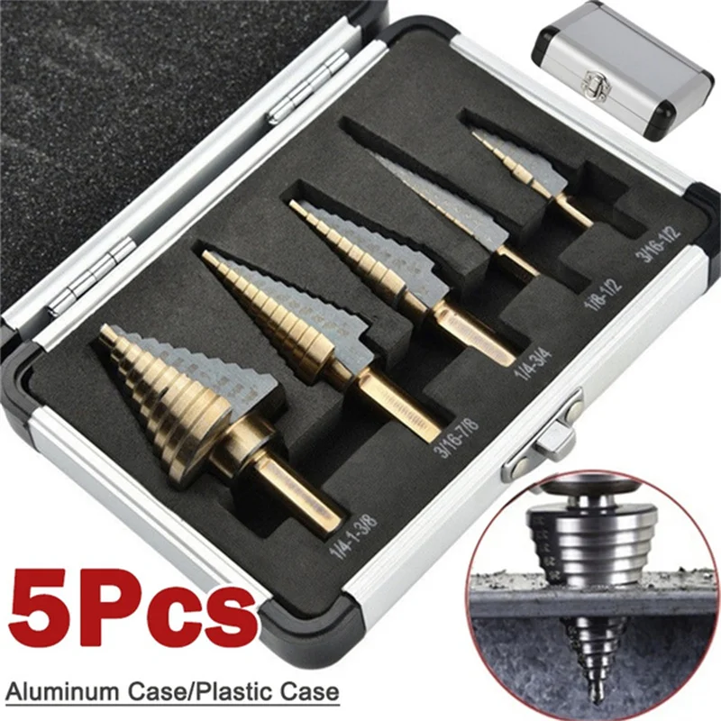 5Pcs Step Drill Bit Straight Groove Pagoda Hole Cutter Metal Cone Drill Bit Hole Opener 3/16