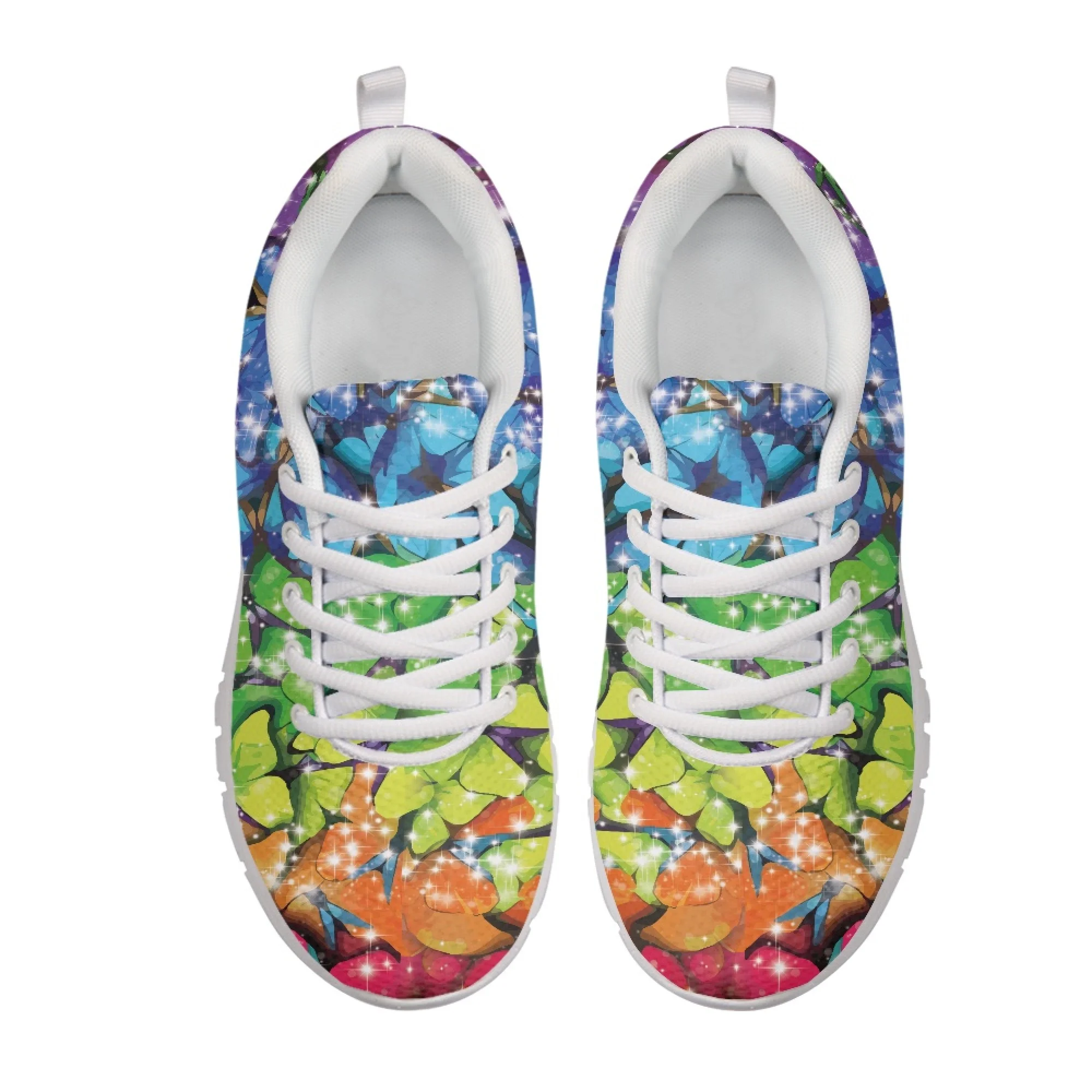 Yikeluo Casual Mesh Sneakers Woman Shoes Rainbow Butterfly Pattern Print Brand Design Lightweight Flats Walk Lace Up Footwear