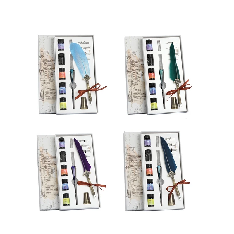 

Calligraphy Quill Feather Dip Pen Writing Ink Nibs Set Glass Dip Pen Kit With 5 Color Inks For Beginners Student