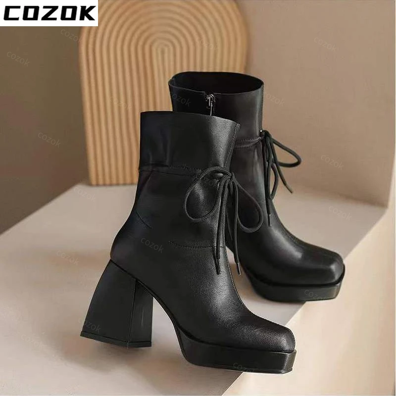 Women Shoes Ankle Boots Shallow Zip Boots Chunky Pumps High Heels Boots Women Dress 2022 Bow Fashion Designer Goth Ladies Shoes