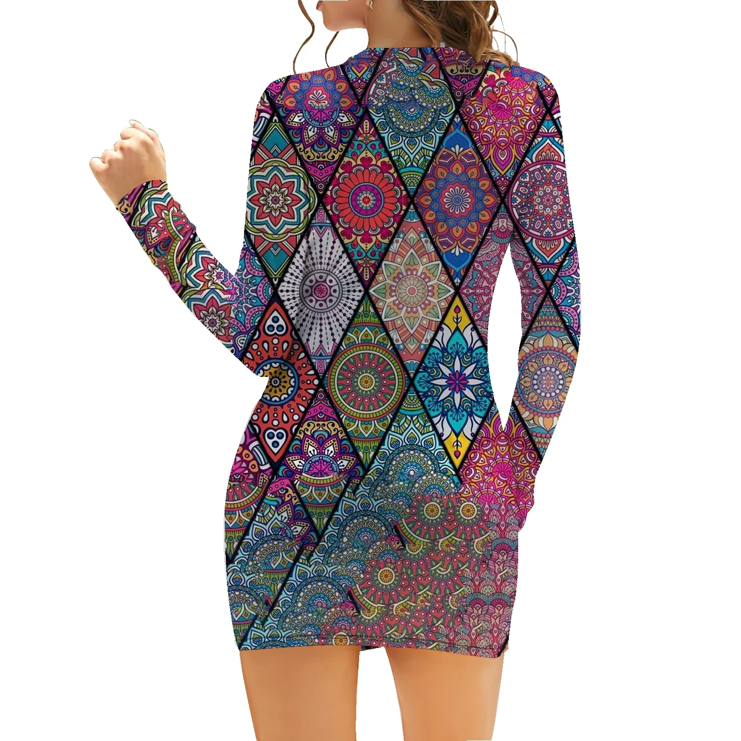 

Tight Sexy Hip Dress Dress Fashion Floral 3D Printed Long Sleeve Zipper A-Line Skirt Stand Collar Ladies Nightclub Short Skirt