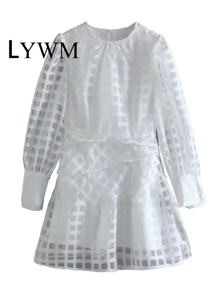 

Женское модное белое полупрозрачное мини-платье LYWM, винтажное короткое платье с круглым вырезом, молнией сзади и длинными рукавами, шикарны...