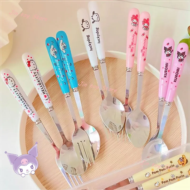 

Kawaii Hello Kitty Cutlery Set Sanrioed My Melody Kuromi Cinnamoroll Pom Pom Purin Pochacco Spoon Fork Kids Portable Tableware