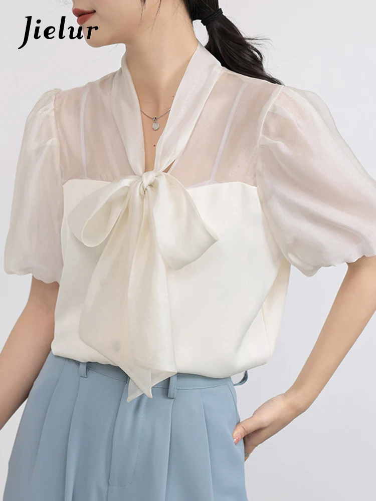 Jielur Летняя новая однотонная тонкая женская блузка милая Элегантная для женщин