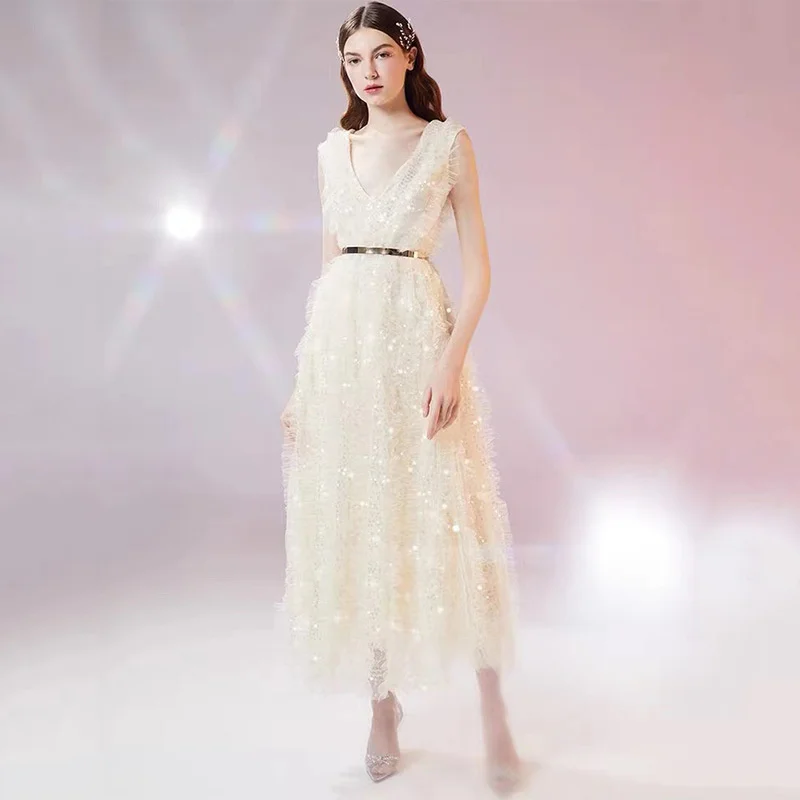 

Женское модельное платье знаменитости, длинное Сетчатое платье-майка из тюля с оборками и блестками, вечернее Клубное платье макси, лето 2022