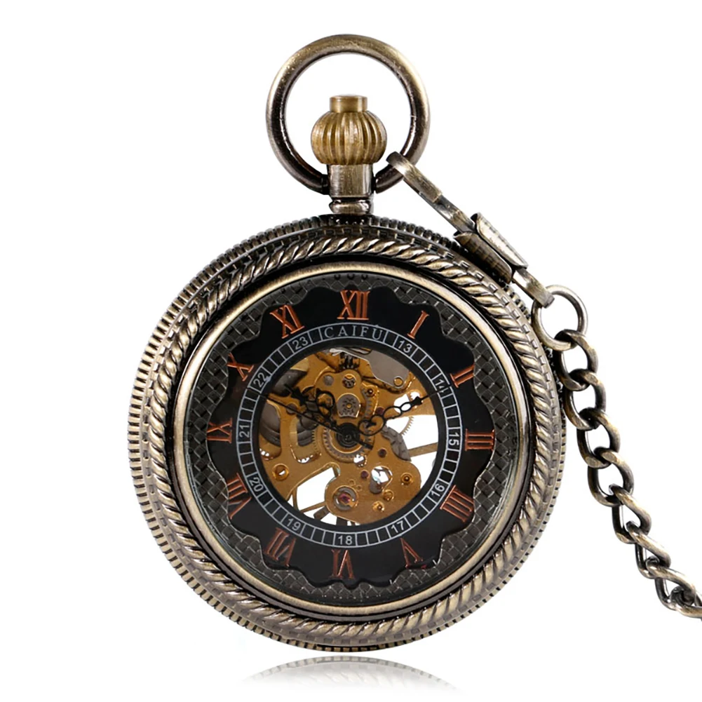

Luxury Bronze Transparent Glass Mechanical Hand-Winding Pocket Watch Roman Numeral Dial Vintage Elegant Fob Chain Pendant Clock