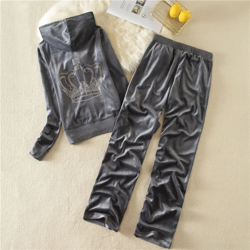 

2pcs Women Velour Juicy Long Sleeve Zip Though Jacket and Pant Set