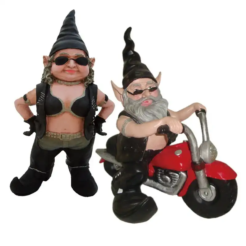 

Babe & Dude" the Biker Gnome in Leather Motorcycle Gear Riding His Red Large Outdoor Garden Statue 14.5"H and 12"H