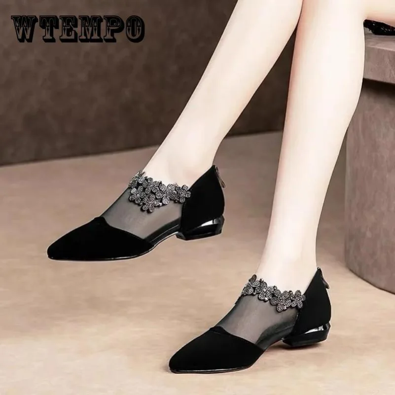 

Босоножки женские на низком каблуке, сетчатые туфли с острым носком, мягкая подошва, пикантные офисные туфли, корейский стиль, черные, оптовая продажа