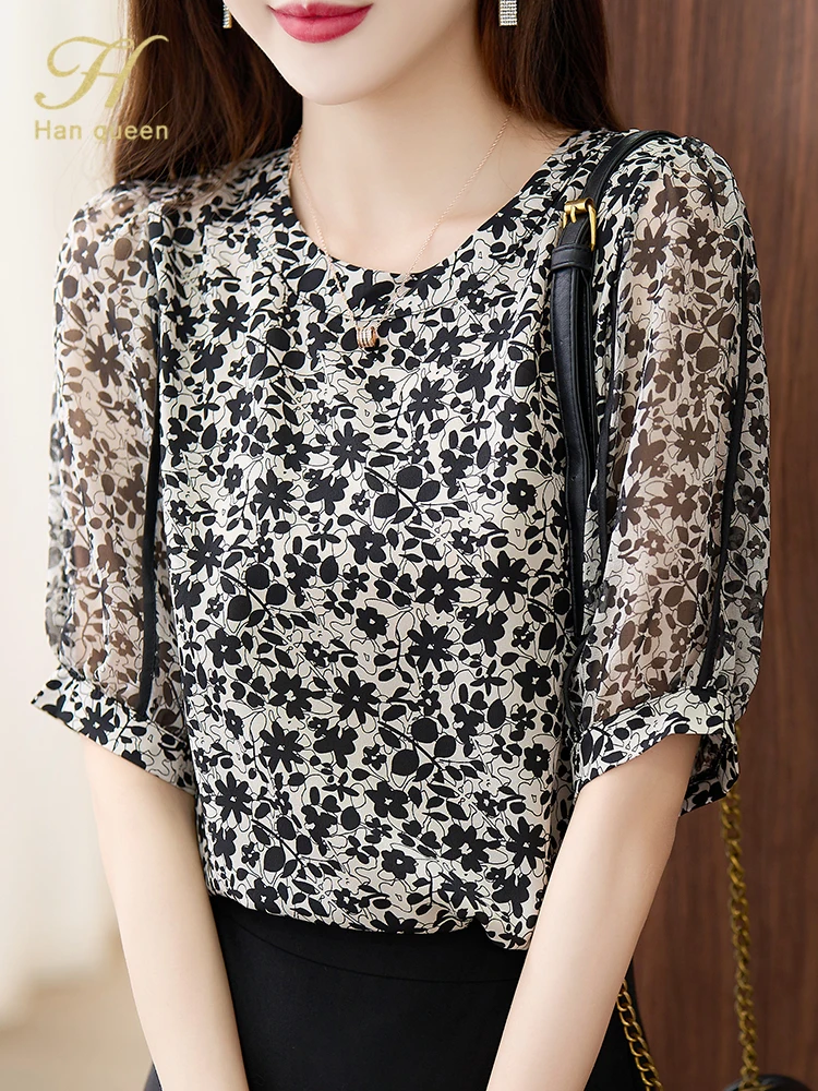 

H Han Queen 2022 New Vintage Floral Office Lady Chiffon Blouse Female Shirt Summer Tops O-Neck Casual Korean Women Loose Blouses