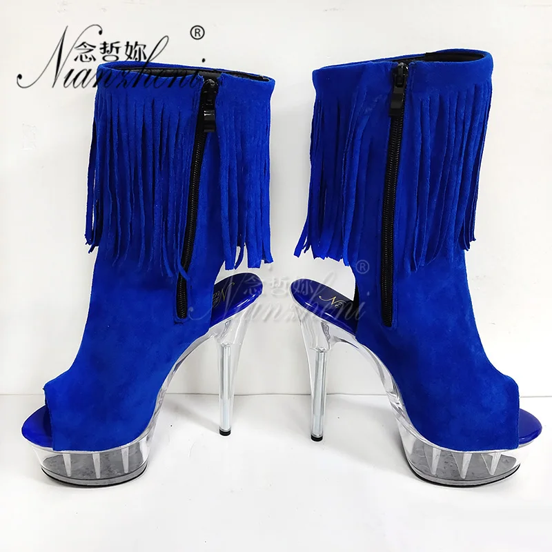 

6inch Flock Platform Ankle Boots 15cm Fashion Exotic Pole Dance Shoes Fringe Stripper Heels Stripper Women Sexy Fetish Nightclub