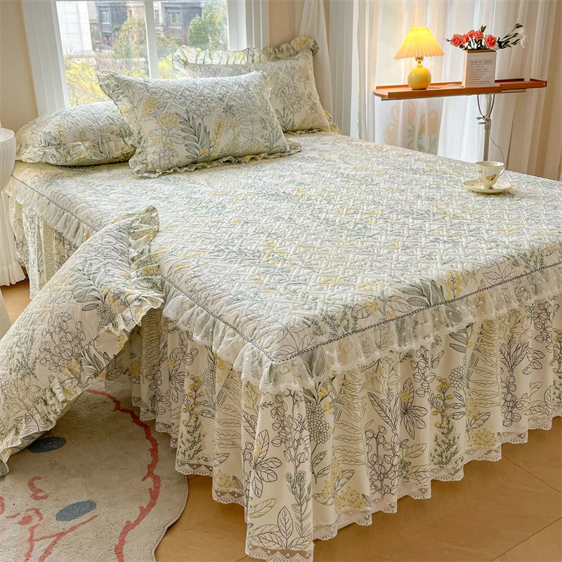 High-End Princess Sle Cotton Printing Clip Bed Skirt Three-Piece Four Seasons Universal Single Bedding