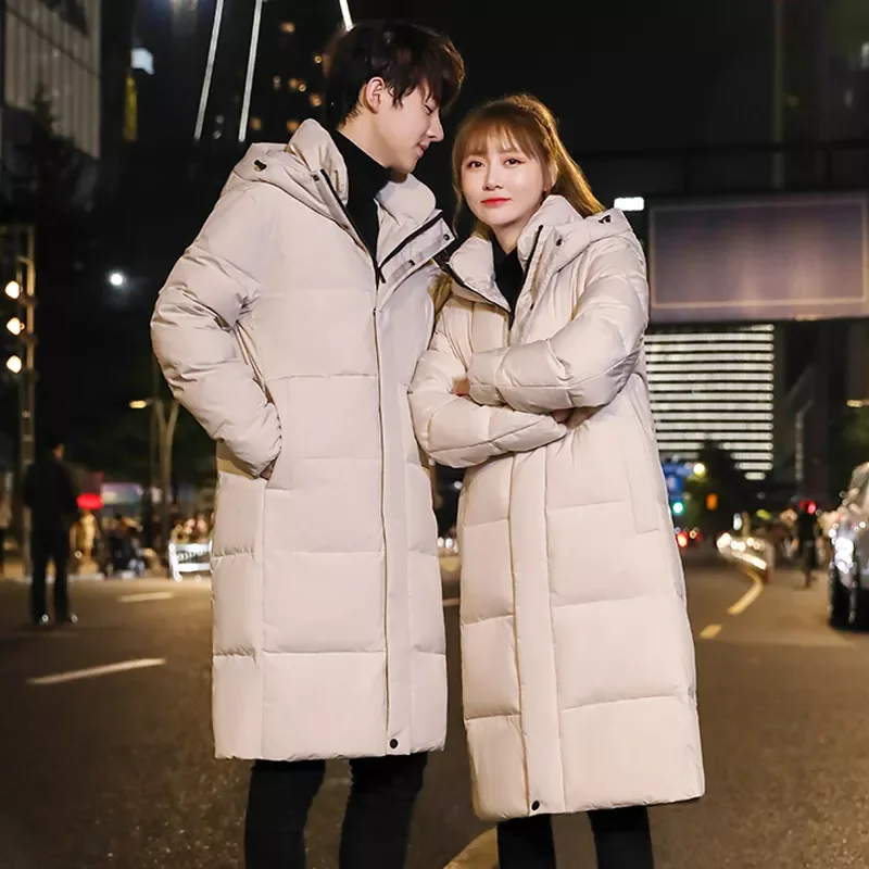 2022New Winter New Men's Long 90% White Duck Down Jacket Fashion Casual Thick and Warm Hooded Couple Coat Brand Beige Black