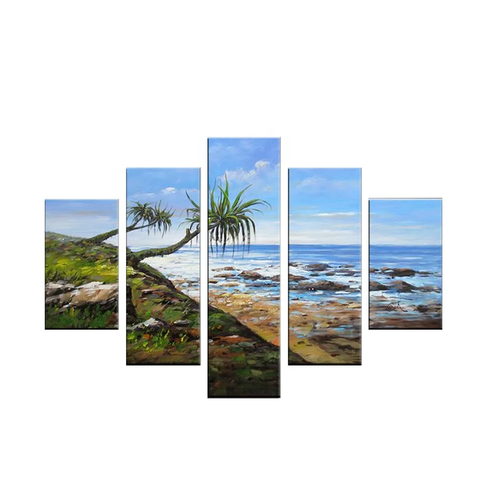 

wall hanging glass painting 5 panel acrylic coconut tree landscape paintings on canvas