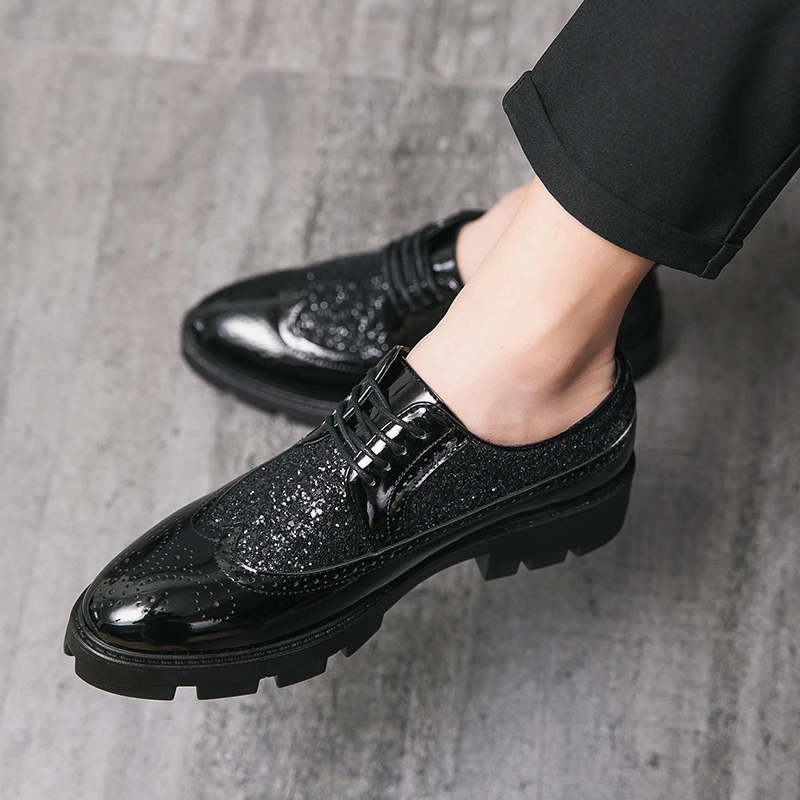 

men's fashion party nightclub dress platform shoes lace-up patent leather brogue shoe black breathable gentleman footwear zapato