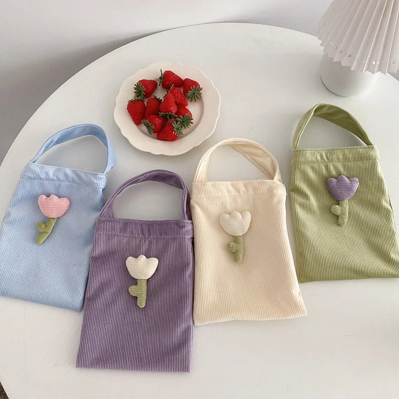 

Cute Women's Corduroy Handbag Female Soft Canvas Totes Flower Hand Bag Reusable Cloth Pouch Mobile Phone Bags For Girl Studnents