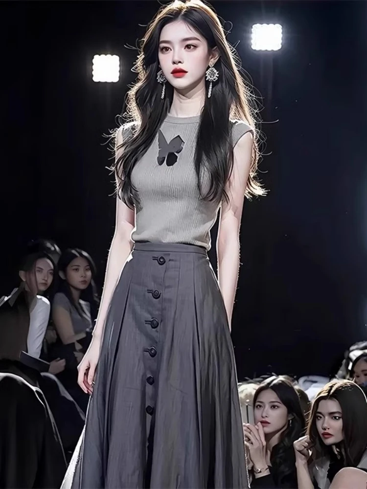 Корейская серия вязаная футболка без рукавов с круглым вырезом из вискозы