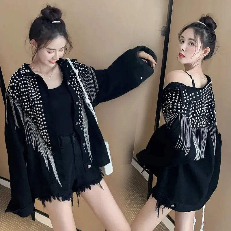 

2022 New Autumn Women Denim Jacket Hand-studded Rivet Tassel Overcoat Female Jeans Jacket Loose Black Coats Outwear