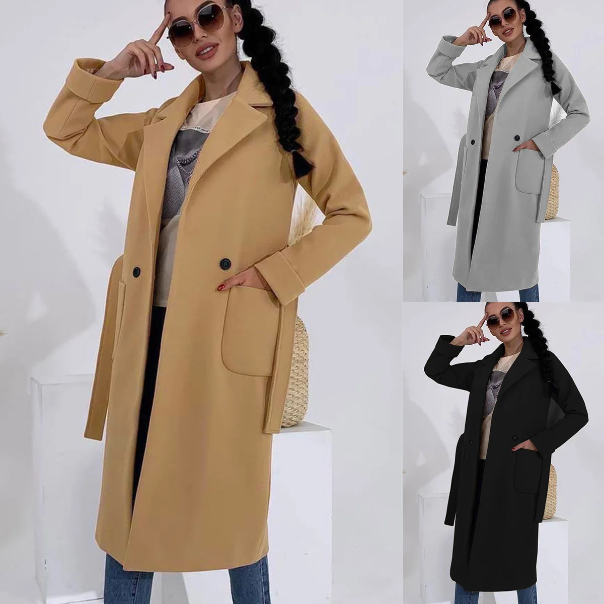 

Женское двубортное шерстяное пальто, куртка свободного покроя с поясом и лацканами, Осень-зима 2023