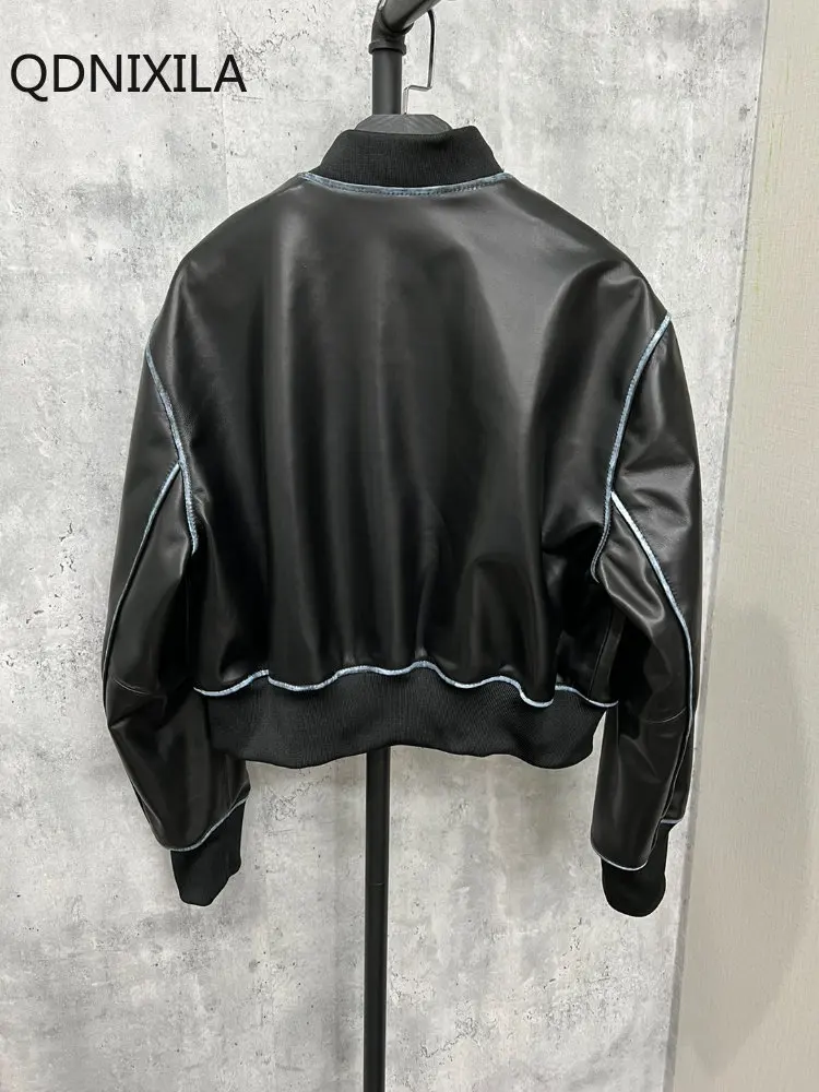 Baseball Collar White Lacquer Tie Dyeing Leather Jacket Women High Imitation Sheepskin Jackets Women's Moto Biker Zipper Jacket