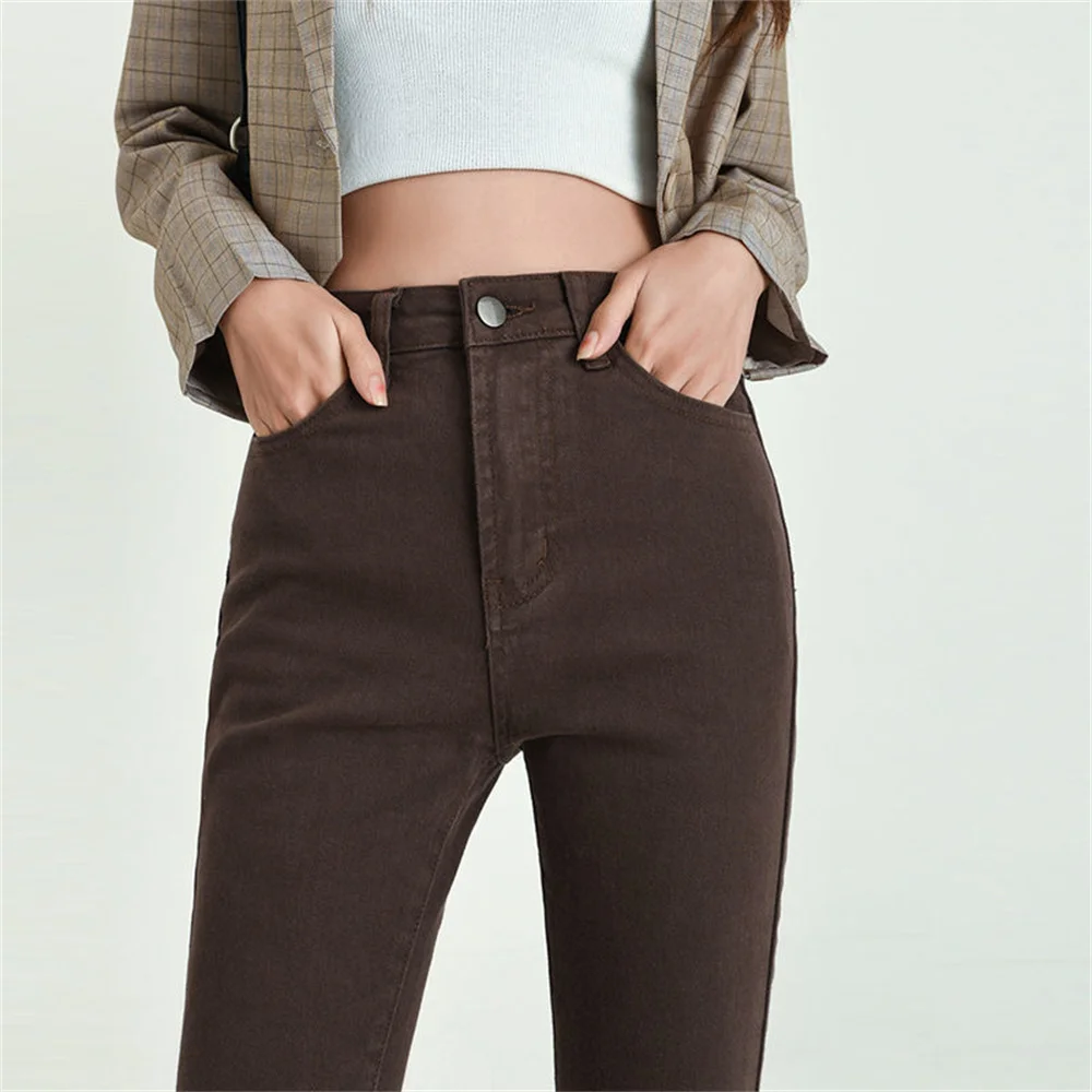 Джинсы женские узкие с высокой талией классические коричневые