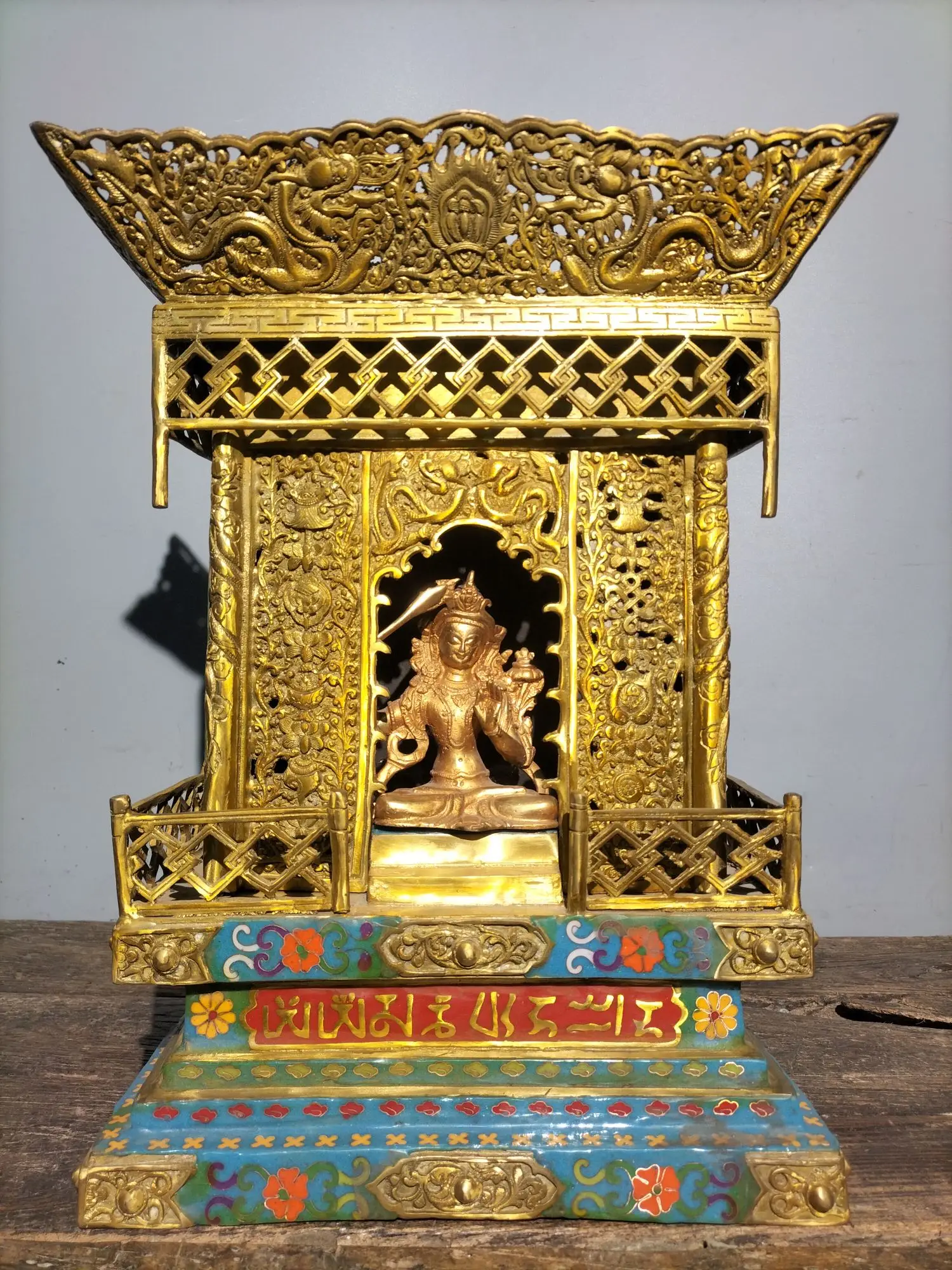 

16" Tibetan Temple Collection Old Bronze Cloisonne Gilt altar Buddhist niche Manjushri Buddha worship hall Town house Exorcism