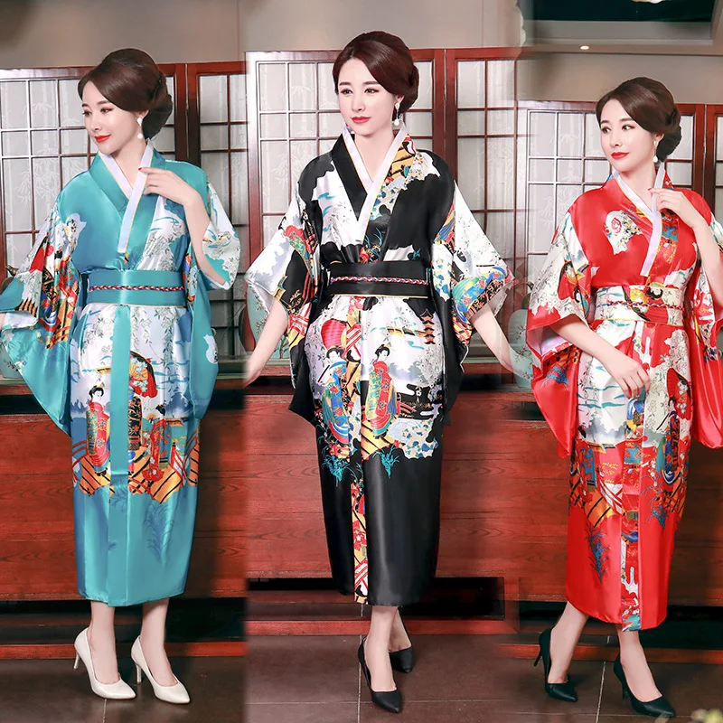 

Vintage Japanese Traditional Kimono For Women Satins Yukata Pajamas Oversize Sleepwear Floral Print Asia Clothes