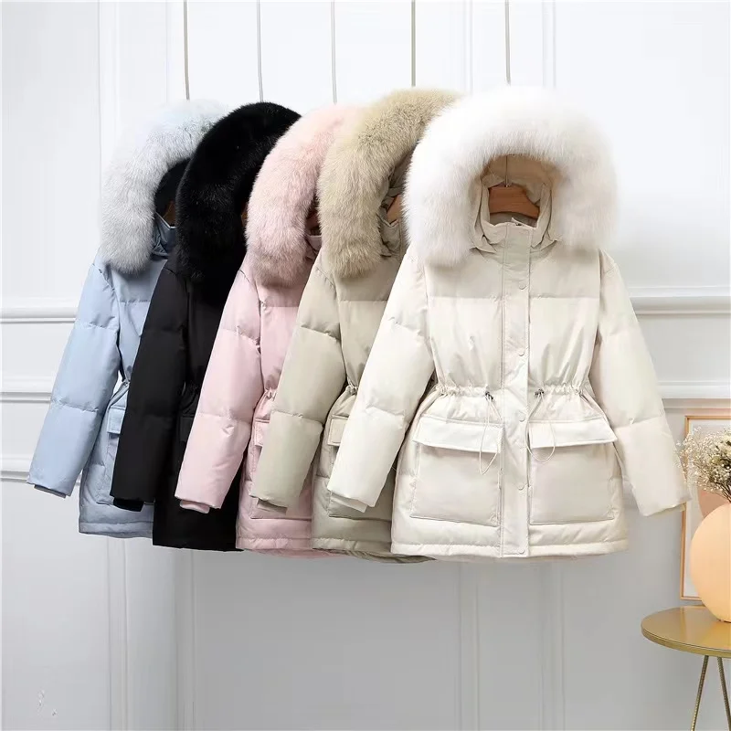 

2022 New Winter Women Short Warm Puffer Jacket 90% White Duck Down Coat Female Thick Hooded Loose Parkas Big Fur Collar