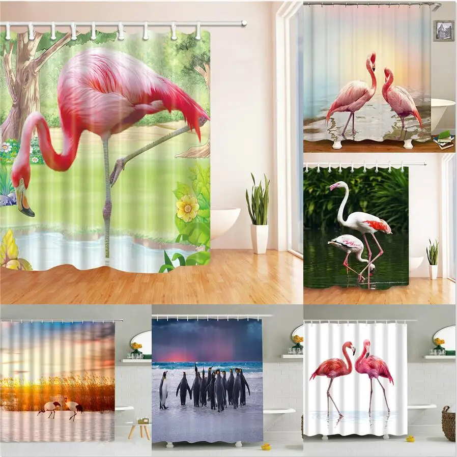 

Flamingo Waterproof Shower Curtains Tropical Jungle Green Plants Leaves Bathroom Curtain Washable Bathtub Home Decor With Hooks