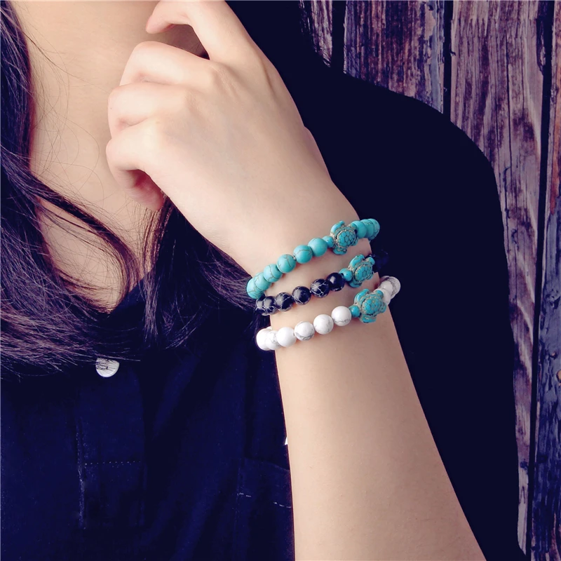 

Blue Turtles Pendant Bracelets Natural Stone Black Onyx Beaded Bracelets Elastic Stretch Friendship Bracelets Women Men Jewelry
