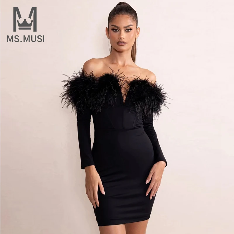 MSMUSI 2023 New Fashion Women Sexy Off The Shoulder Feather Long Sleeve Backless Bandage Party Club Bodycon Event Mini Dress