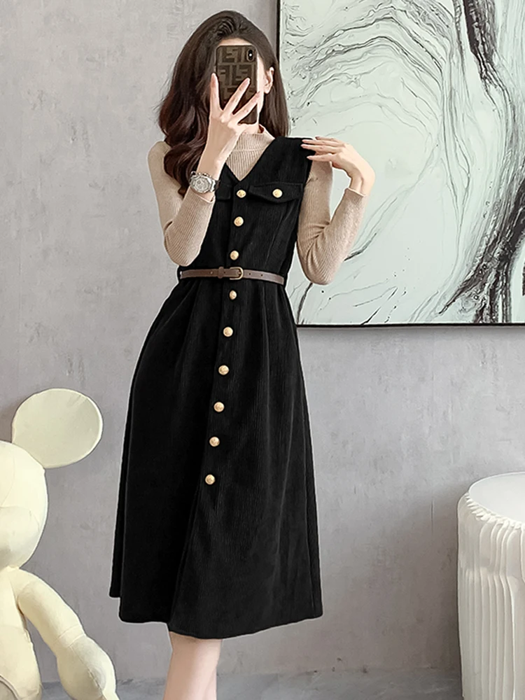 Женский комплект из двух предметов трикотажный свитер пуловер и вельветовое