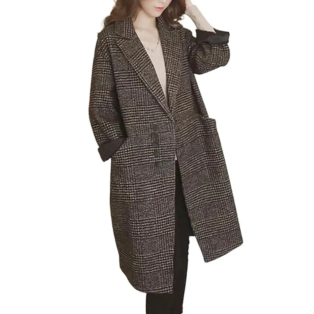 

Women Long Pocket Woolen Outfit Popular Polyester Turn Down Collar Warm Long Sleeves Outwear Plaid Straight Overcoat