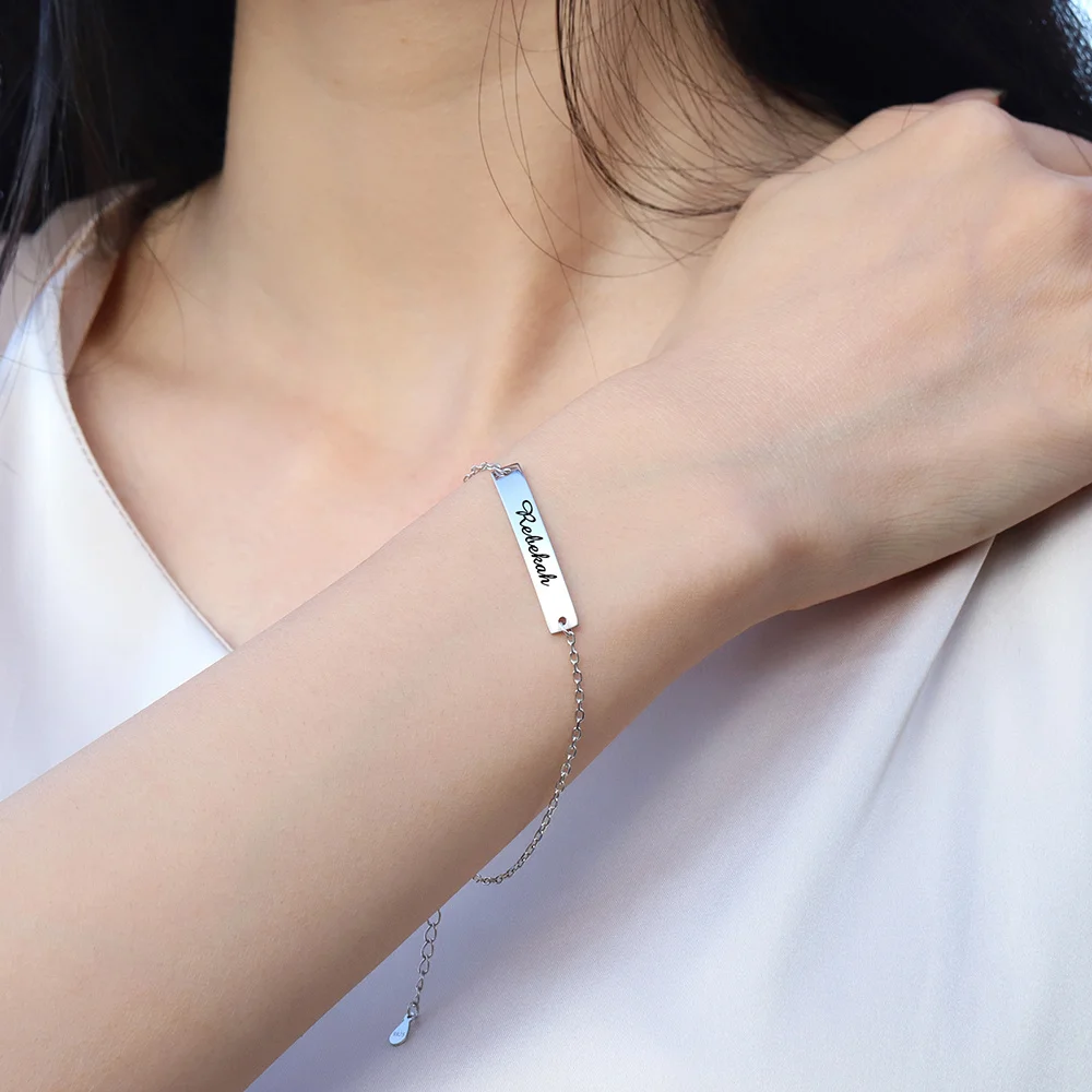 925 Sterling Silver Personalized Custom Engraved Name Delicate Friendship Bracelet, Minimalise Jewelry Gifts for Women Girls