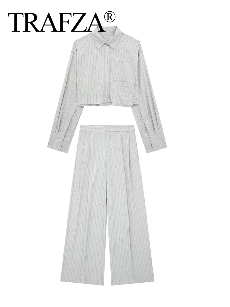 

TRAFZA Fashion Women Vintage Long Sleeve Shirts Pocket decoration stripe Cropped Suit New Female Casual Chic Tops Blouses