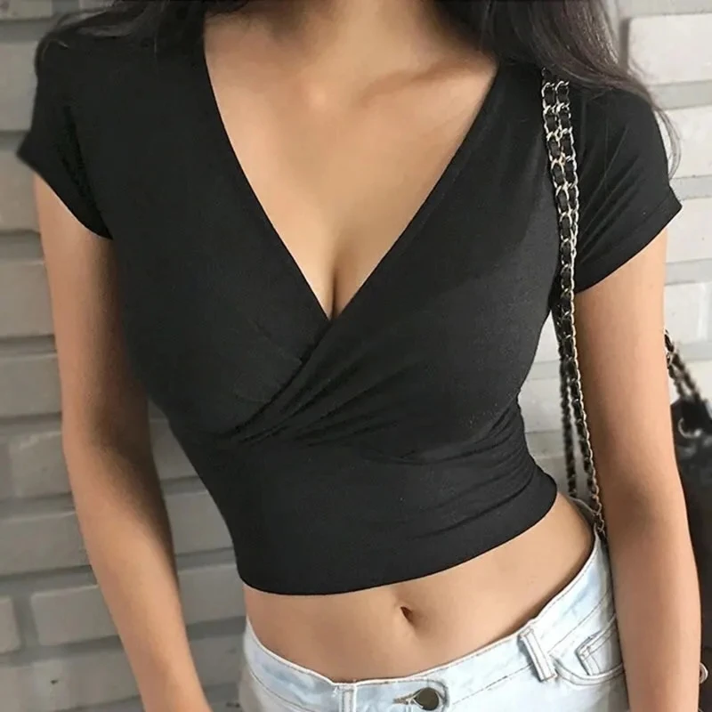 Летний сексуальный женский облегающий кроп-топ футболка с низким вырезом и