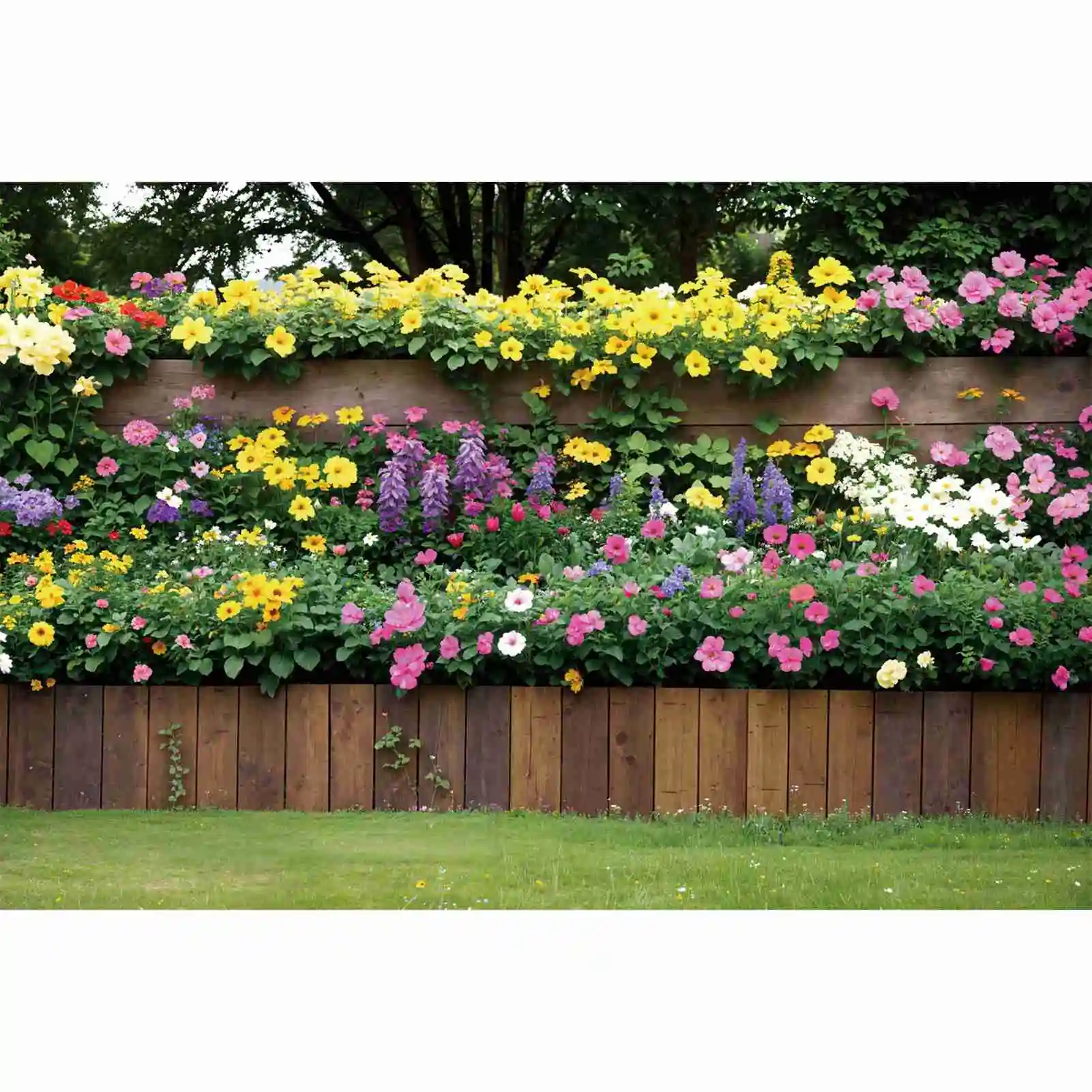 

Blossom Flower Garden Wall Photography Backdrops Grassland Wooden Fence Personalized Children Photobooth Photo Backgrounds