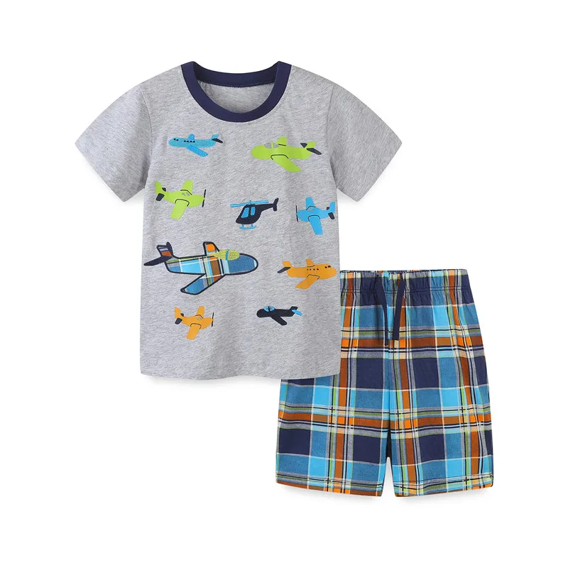 

Комплект летней одежды для мальчиков Jumping Meters, хлопковая детская одежда с принтом для самолета, модная популярная детская одежда, топы с кор...