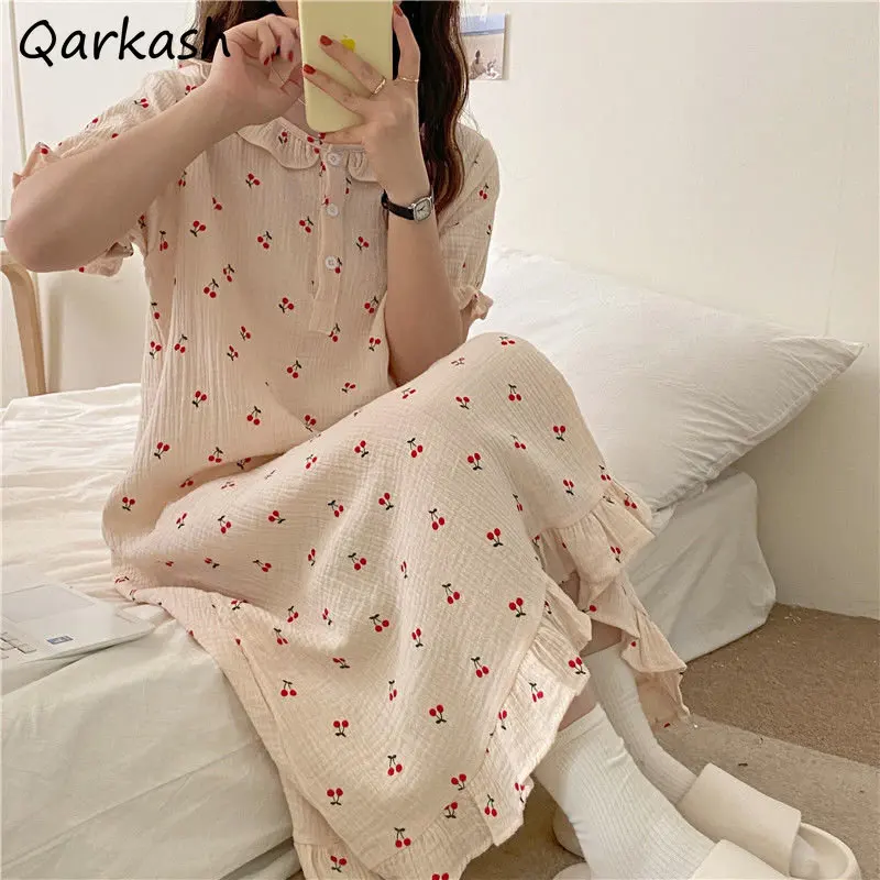 

Nightgowns Women Tender Home Ruffles Cherry Print Summer Chic Baggy Ulzzang Nightwear Fashion All-match Girlish Casual Aesthetic