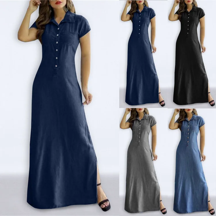 Купи Casual Short Sleeve Denim Slim Dress for Women 2022 Summer Fashion Simple Lapel Pocket Button High Waist Slit Dresses Clothing за 517 рублей в магазине AliExpress