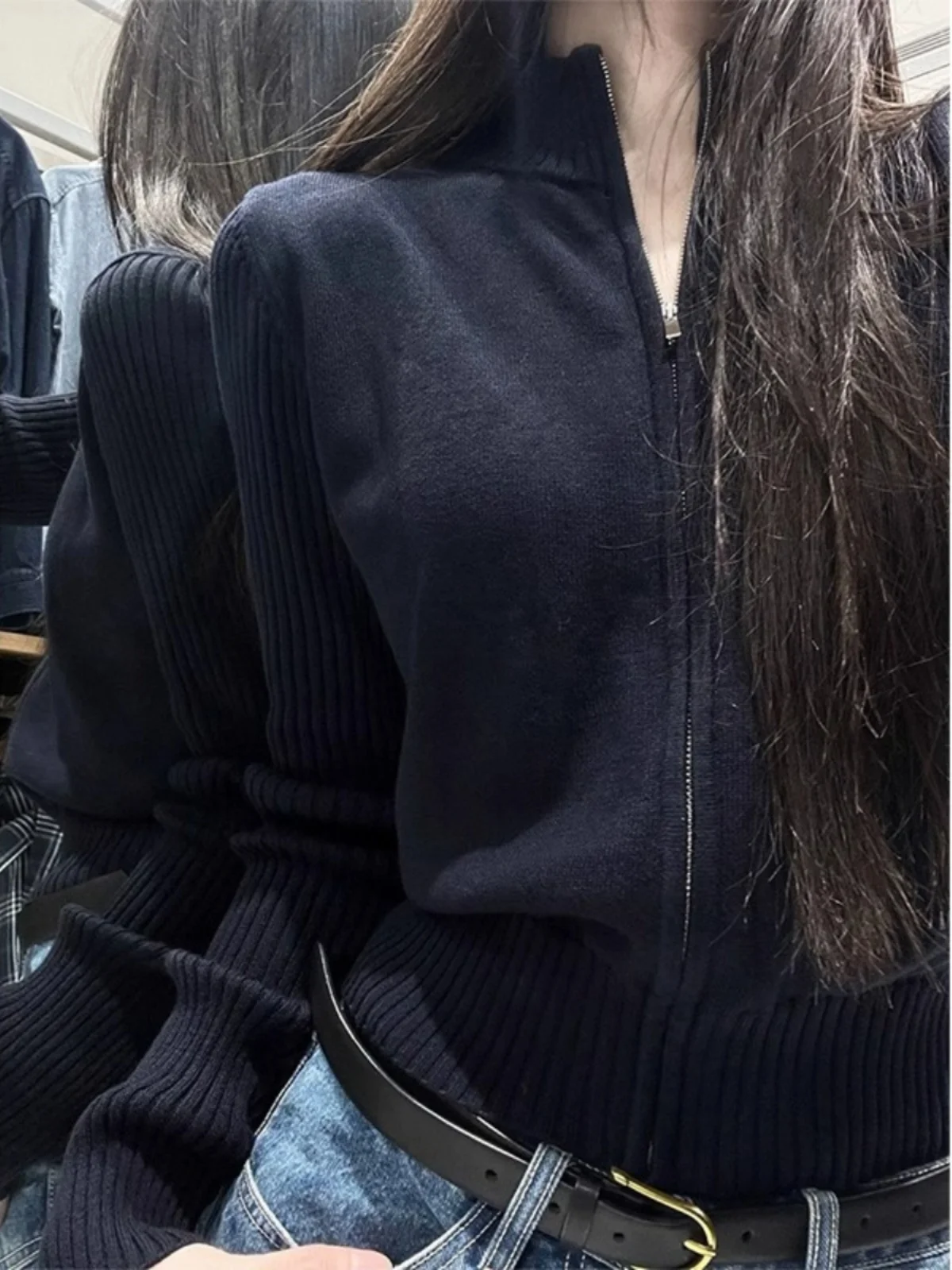 Sweet Cool Zip-up Knit cardigan Women Slim fit Half-high Collar Sweater Outdoor Spring Autumn and Winter Design Sense Top Bl...