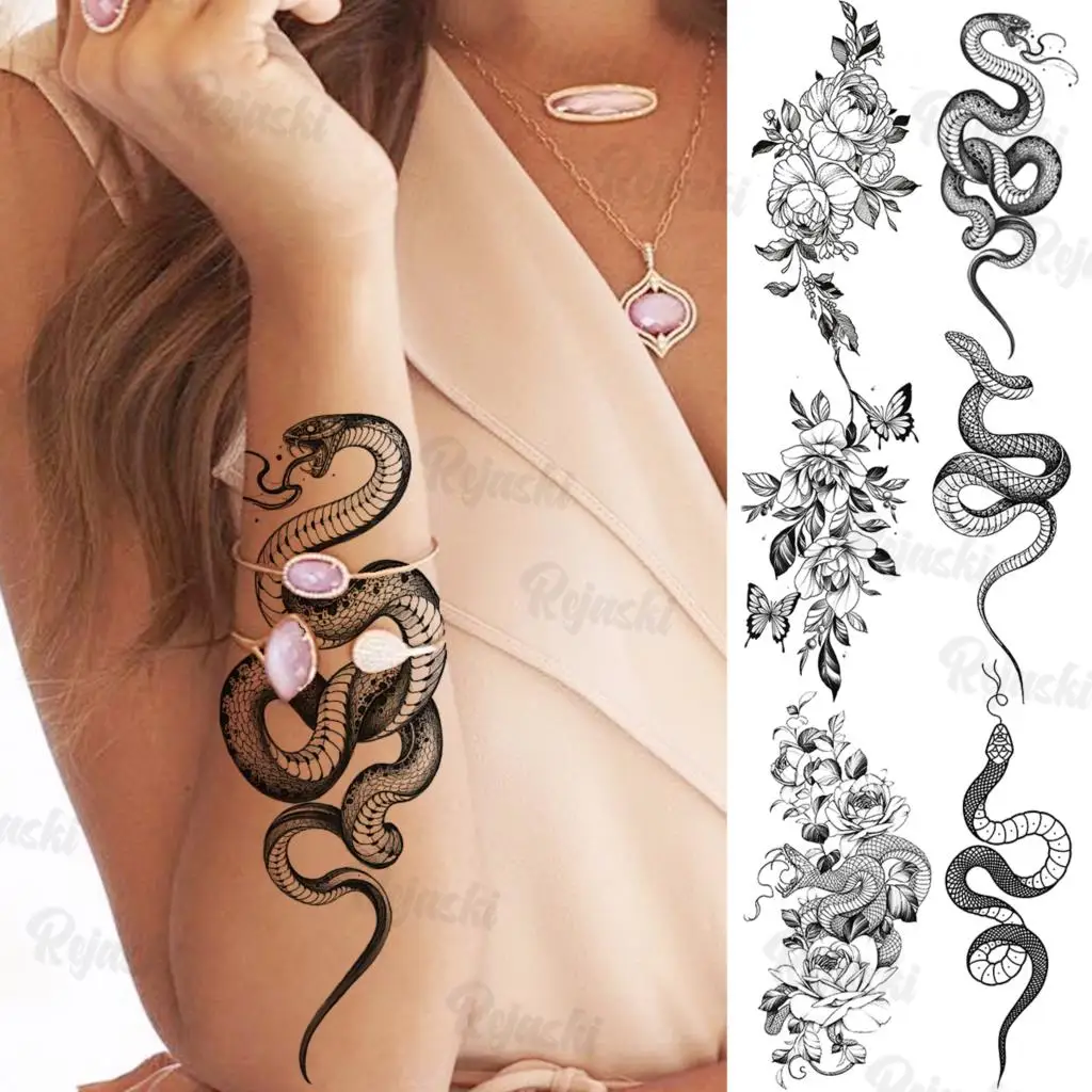 

Временные татуировки для женщин и девочек, черная змея, бабочка, цветок, флора, искусственная татуировка, наклейка на предплечье, тело, тату
