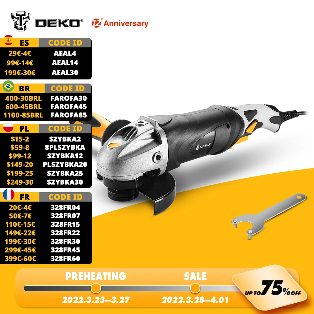 

DEKO DKAG25LD1 220V 125mm 11000r/min Electric Angle Grinder Power Tool Angular Grinding Cutting Grinding