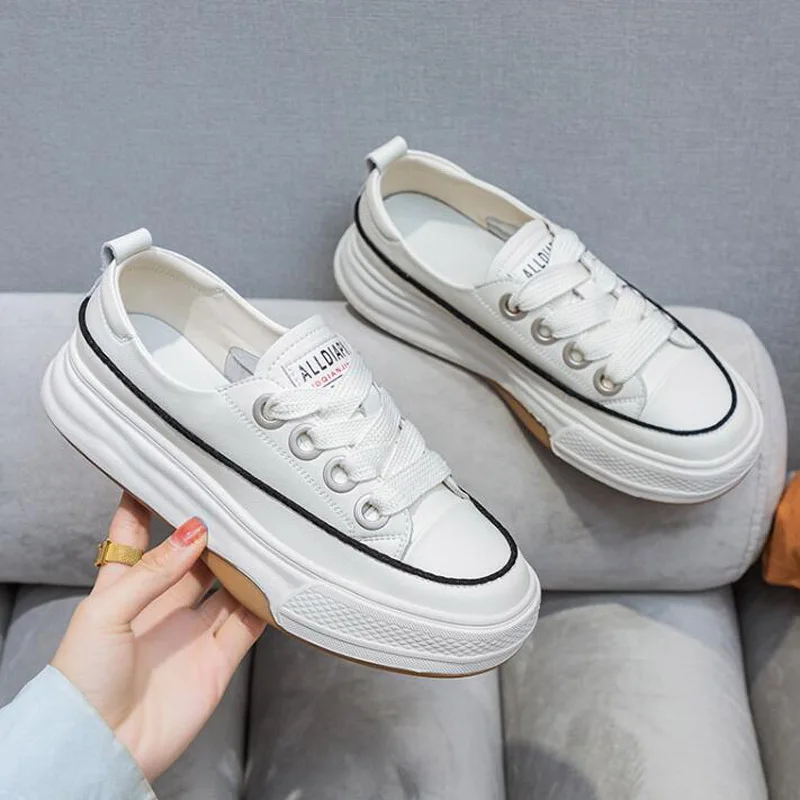 2023 Net Red Popular Split Leather Sneakers Women Spring Flat Platform Shoes Round Toe Breathing Student White Beige Flats 1009