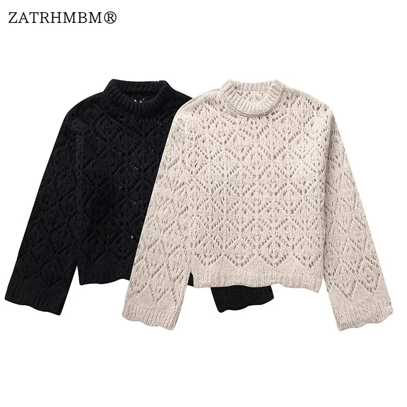 

ZATRHMBM Women 2023 Autumn New Fashion Jacquard Mesh Knitted Sweater Vintage O-Neck Long Sleeves Female Pullover Chic Tops