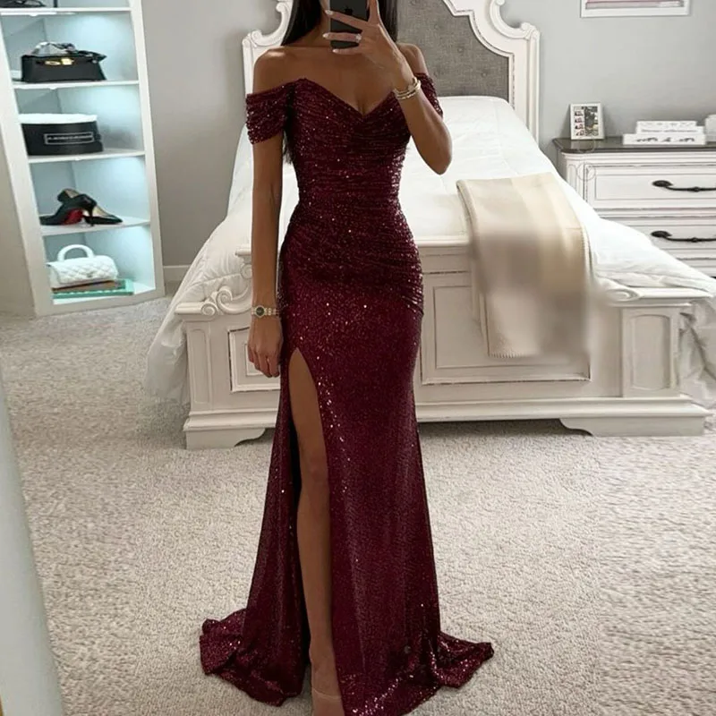 

Elegant Glitter Gowns 2023 Women Club Sequins Tube Tops Party Dress Female Sexy Backless One Shoulder Full Length Evening Dress
