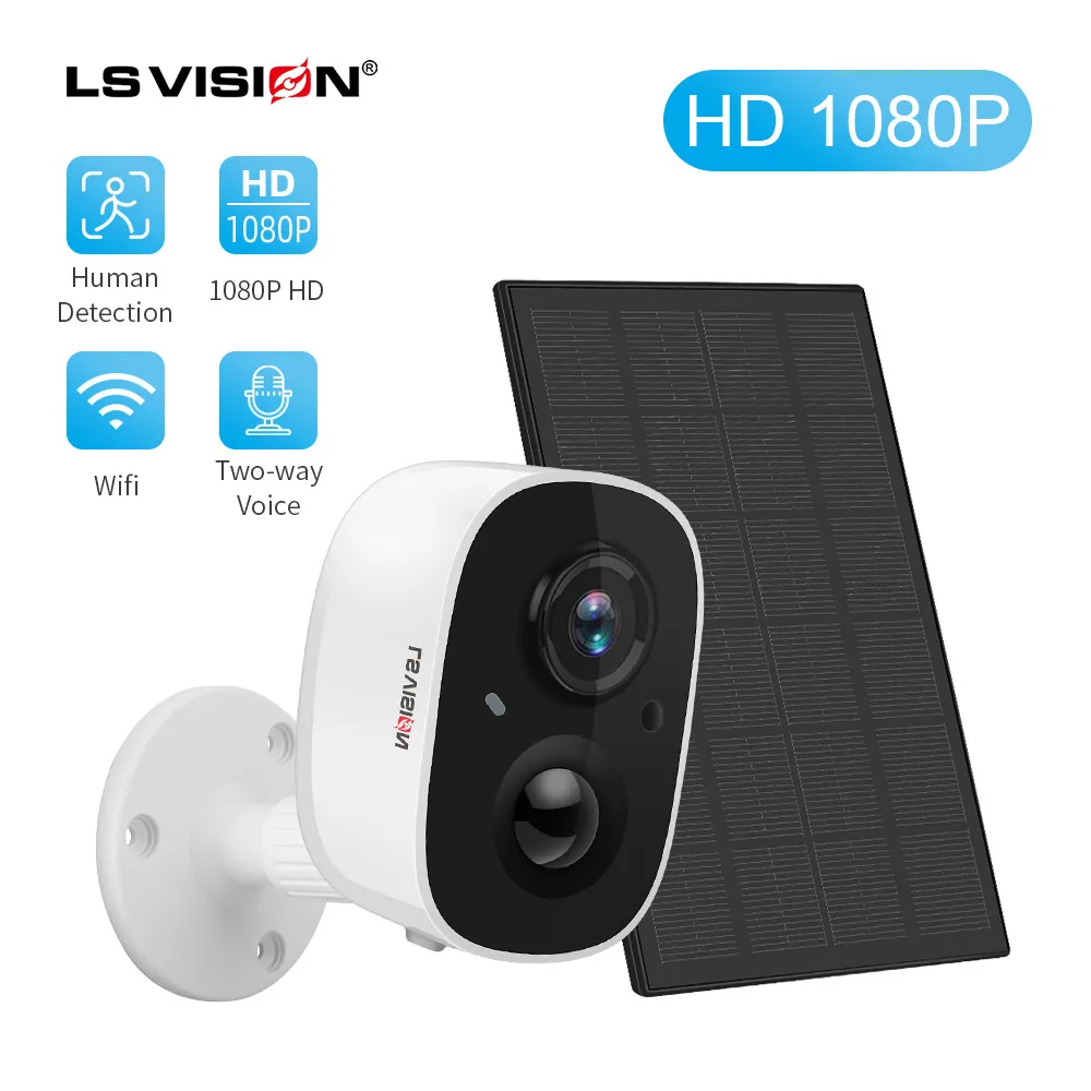 LSVISION 1080P WiFi камера для наружного применения с солнечной батареей и беспроводным подключением, обеспечивающая безопасность, разрешением 2 МП, панелью HD, детекцией PIR движения.