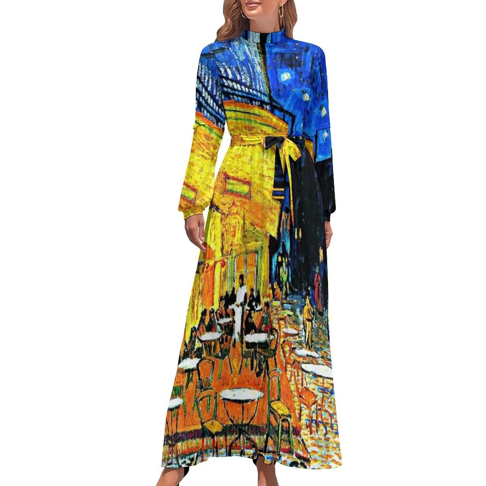 

Van Gogh Classic Dress Cafe Terrace Place Du Forum Elegant Maxi Dress Aesthetic Beach Long Dresses High Waist Printed Vestidos