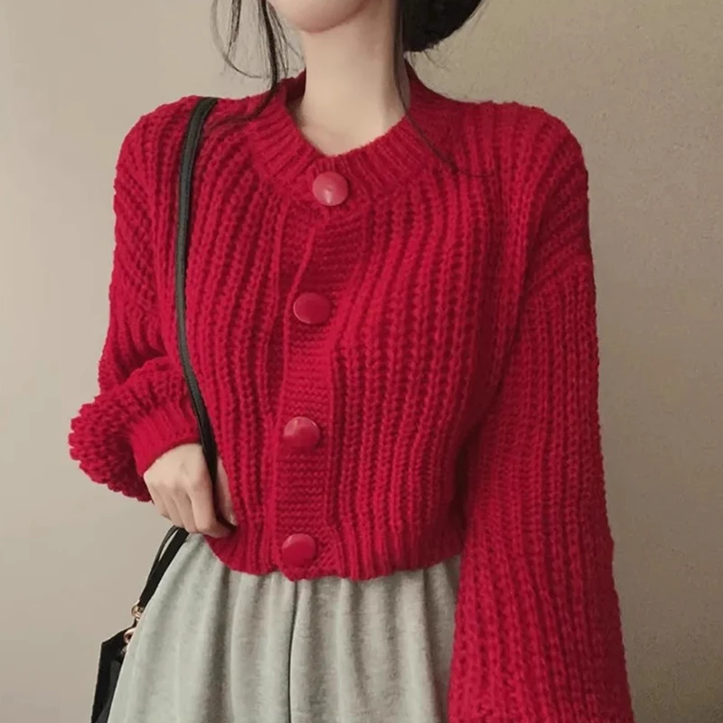 

2023 Women Clothing Sweet Sweater Jackets Suetre Mujer O-neck Solid Sweet Knitwear Casual Cropped Cardigan Y2k Tops Pull Femme